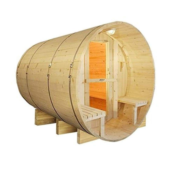 Aleko Outdoor or Indoor White Finland Pine Wet Dry Barrel Sauna 5 Person Front Porch Canopy 4.5 kW ETL Certified SB5PINECP-AP