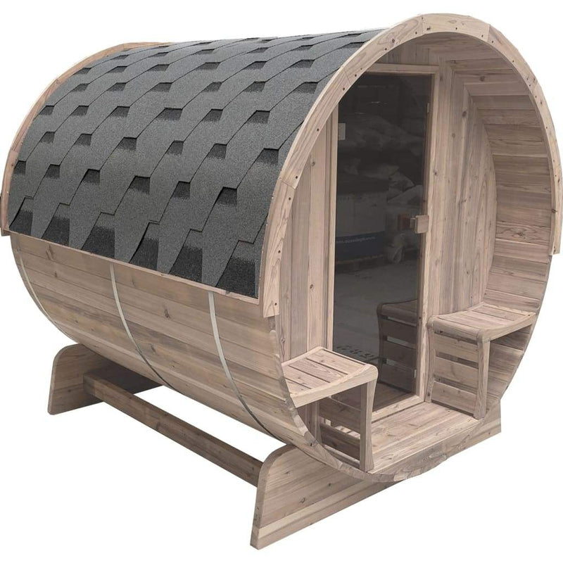 Aleko Outdoor Pine Barrel Sauna with Panoramic View and Bitumen Shingle Roofing - 4 Person - 4.5 kW ETL Certified Heater SBPI4WYRE-AP