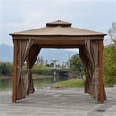 Aleko Double Roof Aluminum Frame Gazebo with Wooden Finish and Curtain - 10 x 10 Feet - Sand GZC10X10W-AP