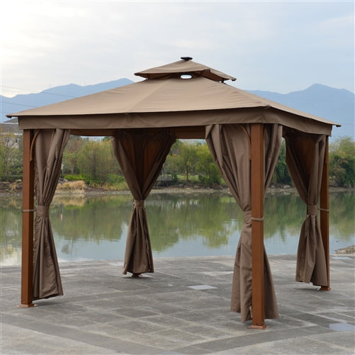 Aleko Double Roof Aluminum Frame Gazebo with Wooden Finish and Curtain - 10 x 10 Feet - Sand GZC10X10W-AP