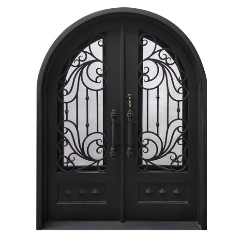 Aleko Iron Round Top Dimensional-Panel Dual Door with Frame and Threshold - 81 x 62 x 6 Inches - Matte Black IDR6281BK08-AP