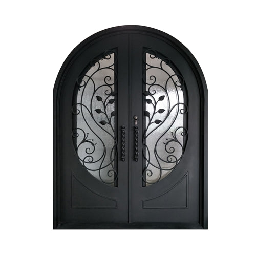 Aleko Iron Round Top Leaf Dual Door with Frame and Threshold - 72 x 96 Inches - Matte Black IDR7296BK01-AP