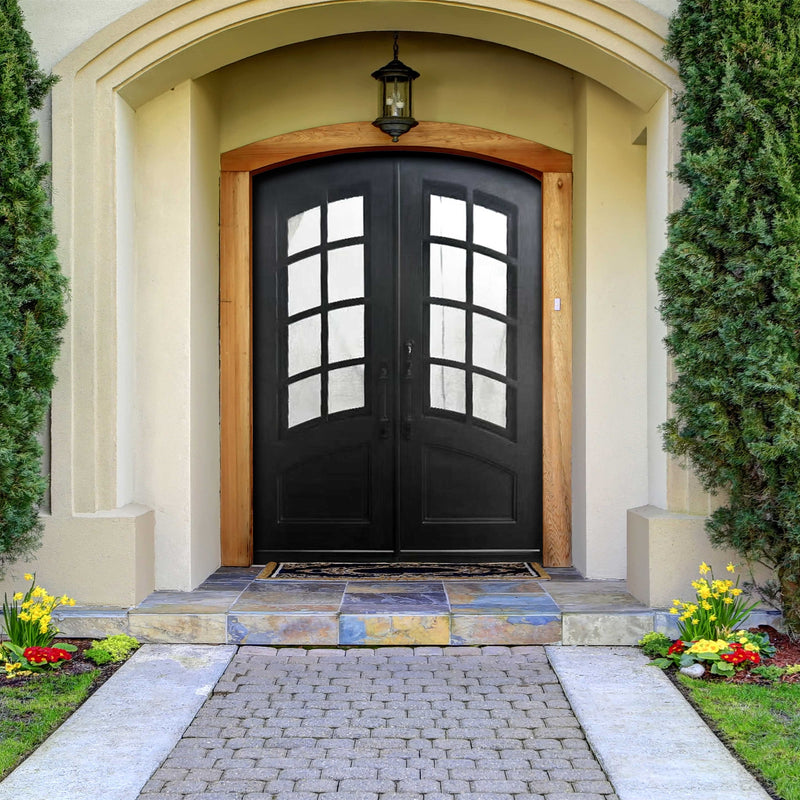 Aleko Iron Arched Top Minimalist Glass-Panel Dual Door with Frame and Threshold - 92 x 72 Inches - Matte Black IDR7296BK15-AP