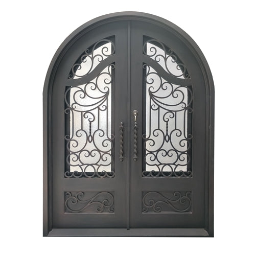 Aleko Iron Round Top Baroque-Inspired Dual Door with Frame and Threshold - 96 x 72 x 6 Inches - Darkened Aged Bronze IDR7296BZ02-AP