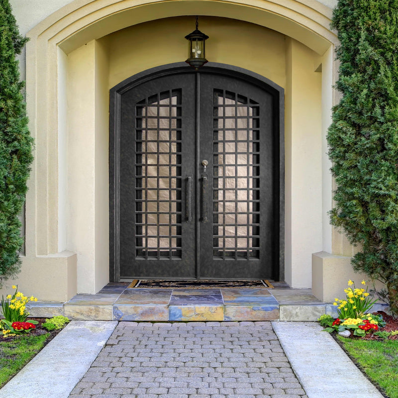Aleko Iron Woven Dual Door with Arched Top Frame and Threshold - 81 x 62 x 6 Inches - Rustic Bronze IDRD14-AP