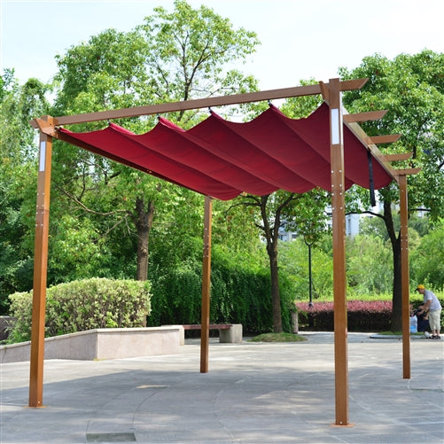 Aleko Aluminum Outdoor Retractable Pergola with Solar Powered LED Lamps and Wooden Finish - 13 x 10 Ft - Burgundy PERG10X13LBG-AP