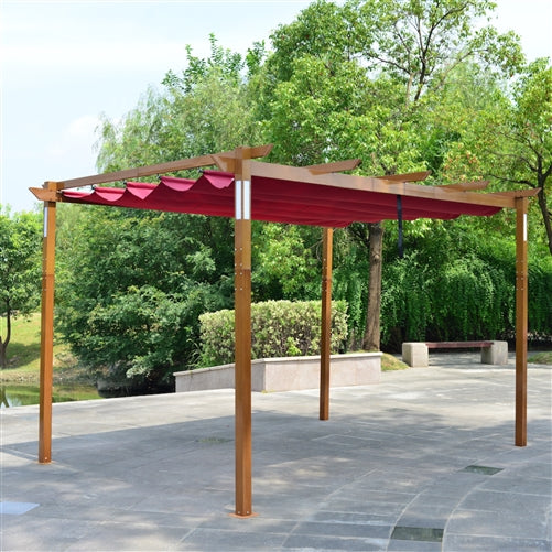 Aleko Aluminum Outdoor Retractable Pergola with Solar Powered LED Lamps and Wooden Finish - 13 x 10 Ft - Burgundy PERG10X13LBG-AP
