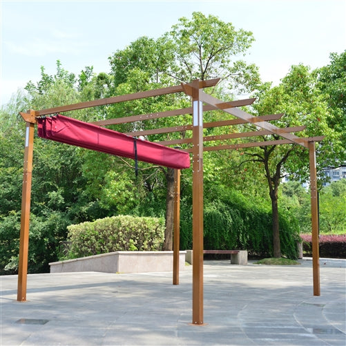 Aleko Aluminum Outdoor Retractable Pergola with Solar Powered LED Lamps and Wooden Finish - 13 x 10 Ft - Burgundy PERG10X13LBG-AP