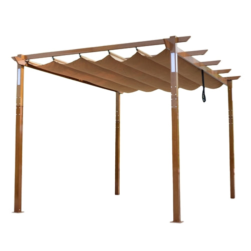 Aleko Aluminum Outdoor Retractable Pergola with Solar Powered LED Lamps and Wooden Finish - 13 x 10 Ft - Sand PERG10X13LSD-AP