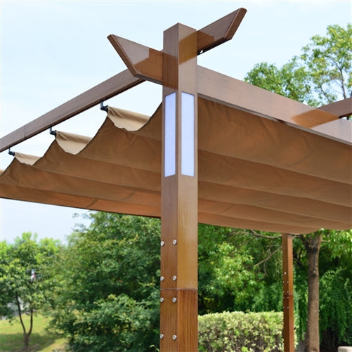 Aleko Aluminum Outdoor Retractable Pergola with Solar Powered LED Lamps and Wooden Finish - 13 x 10 Ft - Sand PERG10X13LSD-AP