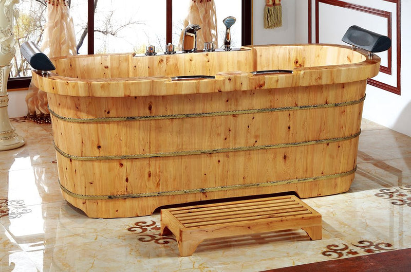 ALFI brand AB1130 65" 2 Person Free Standing Cedar Wooden Bathtub with Fixtures & Headrests AB1130