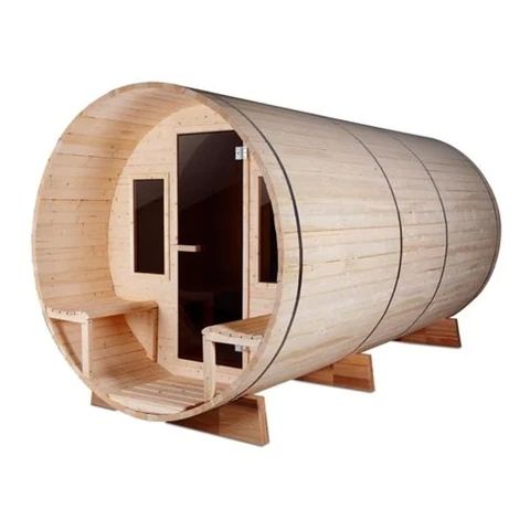 Aleko Outdoor White Pine Barrel Steam Sauna Front Porch Canopy ETL Certified 8 Person SBEMS8PN-AP