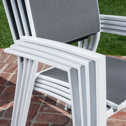 Hanover Aluminum Sling Chairs, Faux Wood Dining Table TUCSDN7PC-WHT