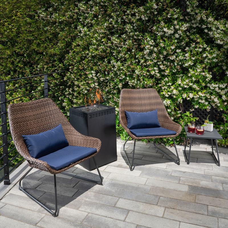 Hanover Chairs w/ Pillow, Side Table, Glass Top Fire Pit - ACCENT4PCGFP-NVY