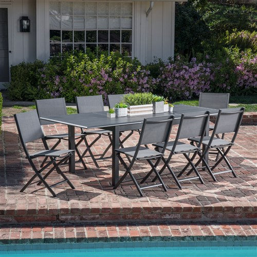 Hanover Aluminum Sling Folding Chairs, Aluminum Extension Table CAMDN9PCFD-GRY