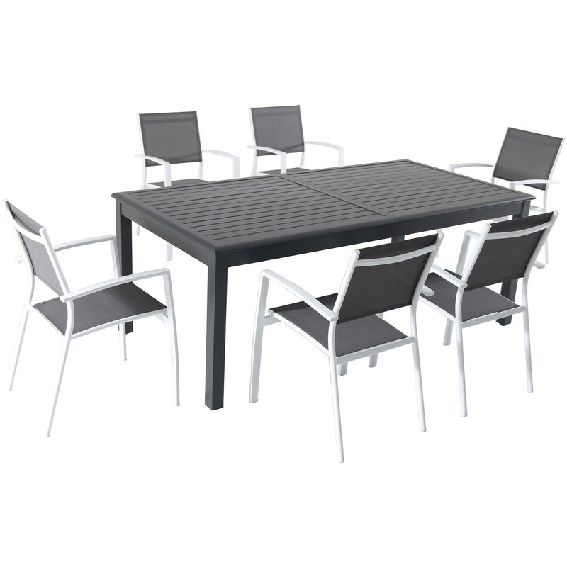 Hanover Aluminum Sling Chairs, Aluminum Extension Table DAWDN7PC-WHT