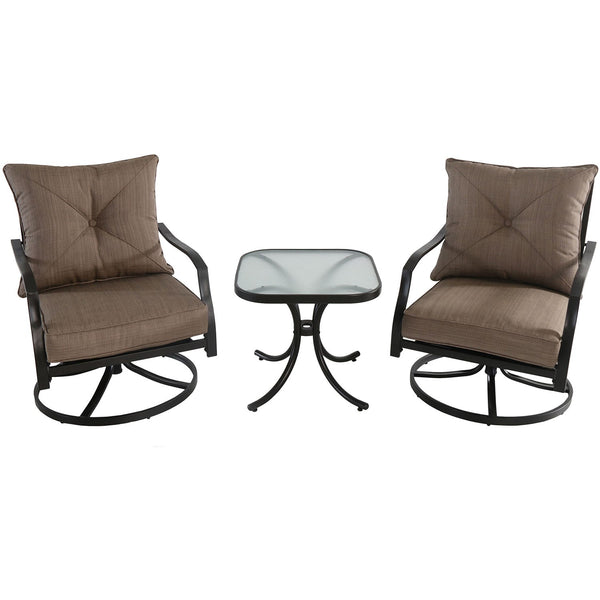 Hanover steel swivel rockers, glass side table PALMBAY3PC-TAN