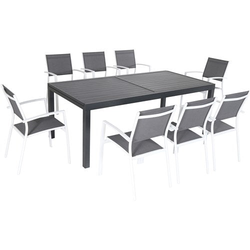 Hanover Aluminum Sling Chairs, Aluminum Extension Table NAPLESDN9PC-WHT