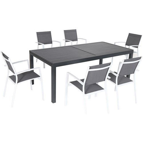 Hanover Aluminum Sling Chairs, Aluminum Extension Table NAPLESDN7PC-WHT