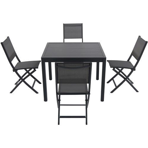 Hanover Aluminum Sling Folding Chairs, Slat Top Table NAPDNS5PCFDSQ-GRY