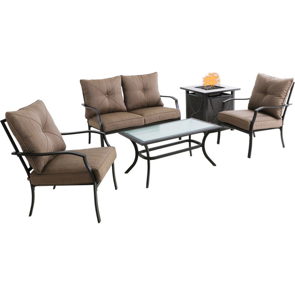 Hanover Loveseat, 2 Side Chairs, Coffee Table, Fire Pit  PALM4PCFP-TAN
