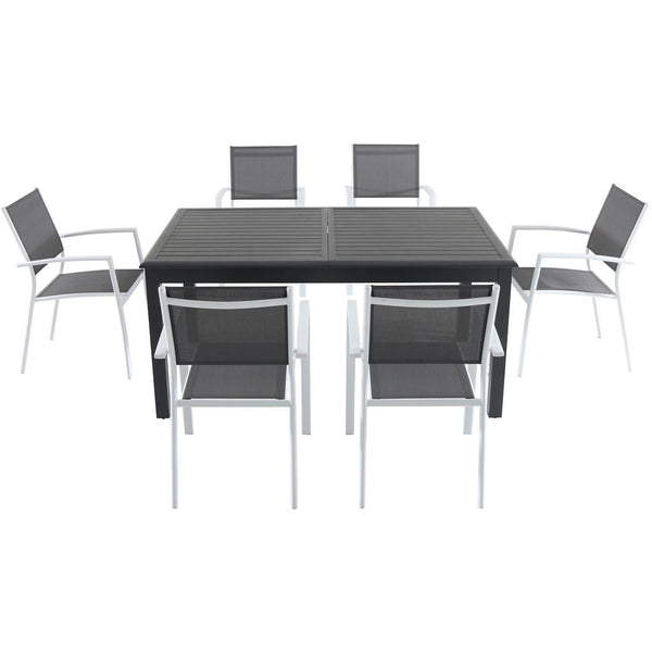 Hanover Aluminum Sling Chairs, Aluminum Extension Table CAMDN7PC-WHT