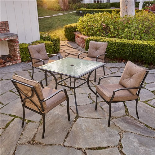 Hanover Dining Set: steel dining chairs w/ cushions, glass table - PALMBAYDN5PC-TAN