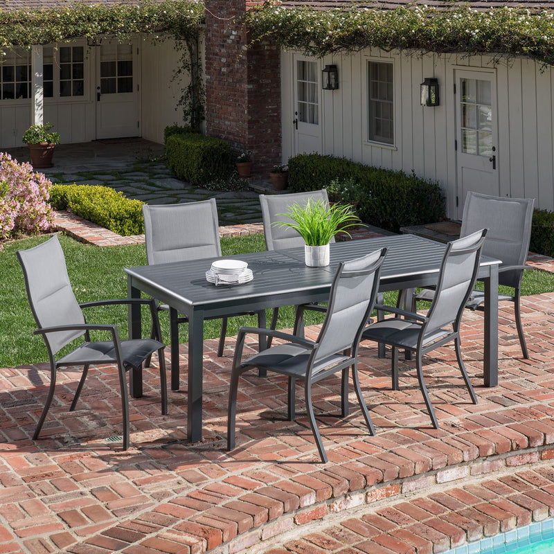 Hanover High Back Padded Sling Chairs, Aluminum Extension Table DAWDN7PCHB-GRY