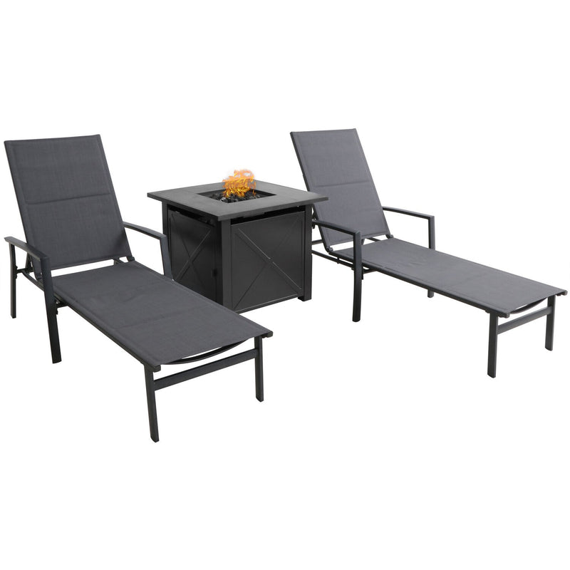 Hanover Padded Lounge Chaises with Tile Top Fire Pit HALCHS3PCFP-GRY