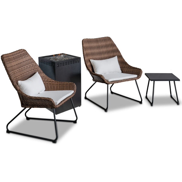 Hanover Chairs w/ Pillow, Side Table, Glass Top Fire Pit ACCENT4PCGFP-WHT