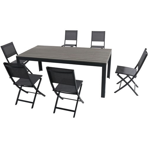 Hanover Aluminum Sling Folding Chairs, Faux Wood Dining Table TUCSDN7PCFD-GRY