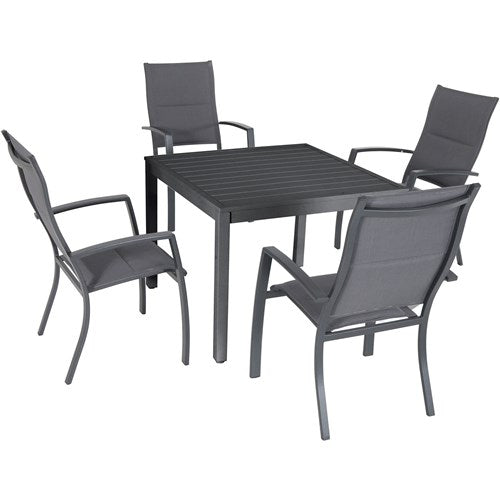 Hanover High Back Padded Sling Chairs, Slat Top Table NAPDNS5PCHBSQ-GRY