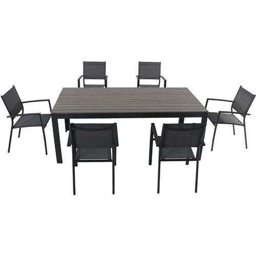 Hanover Aluminum Sling Chairs, Faux Wood Dining Table  TUCSDN7PC-GRY