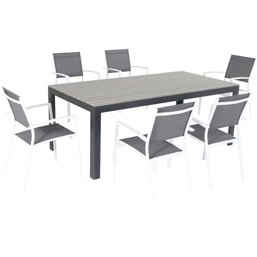 Hanover Aluminum Sling Chairs, Faux Wood Dining Table TUCSDN7PC-WHT
