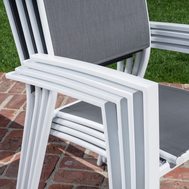 Hanover Aluminum Sling Chairs, Glass Top Table FRESDN9PC-WHT